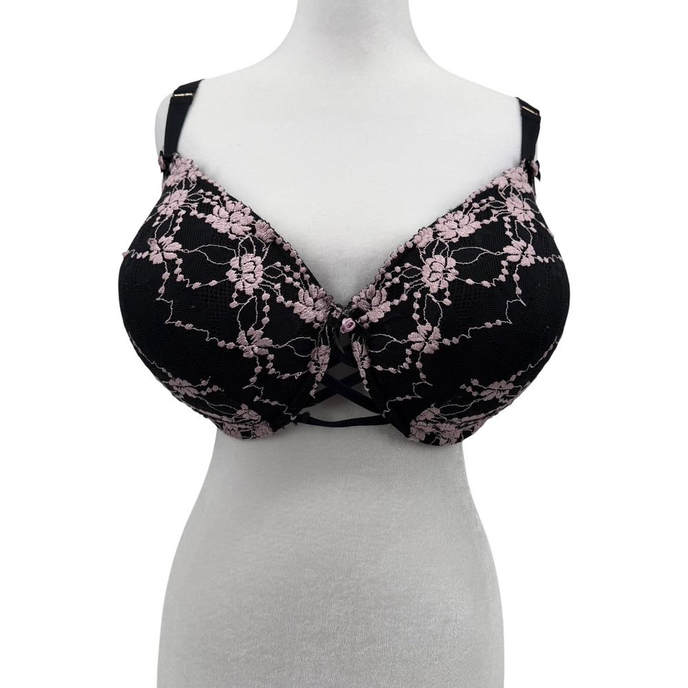 Cacique Boost Balconette Bra Women 44DDD Black Pink Floral Lace Excellent